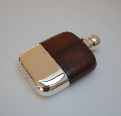 George V Leather and Silver hip flask