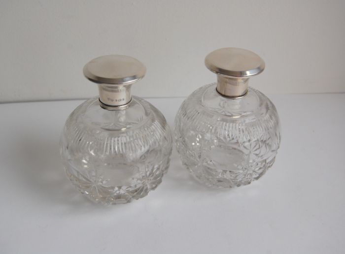 George V Perfume Bottles with silver Collars and Caps