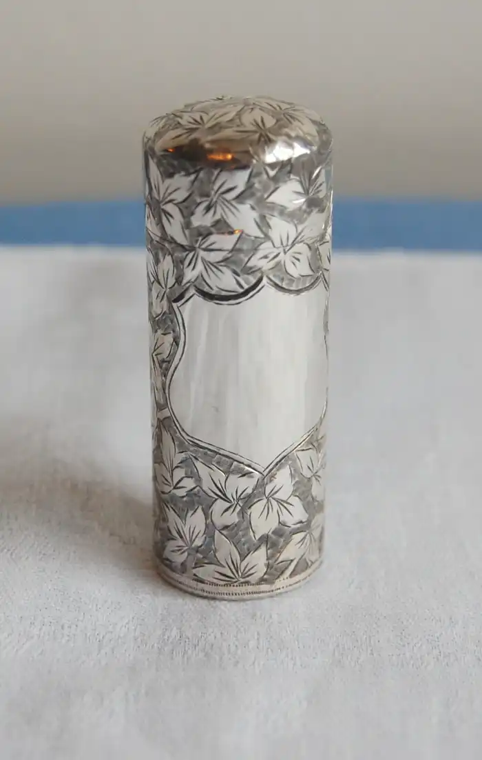 Victorian engraved silver and glass perfume flask