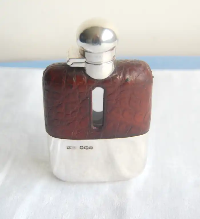 George V Silver and leather-Mounted Hip Flask